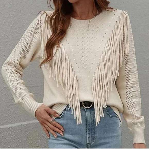 Apricot Beige Fringe Trim Knit Pullover Sweater - Picture 4 of 4